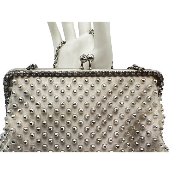 West Germany White Satin Rhinestone Beaded Purse With Change Purse Kiss Lock VTG - Picture 11 of 16
